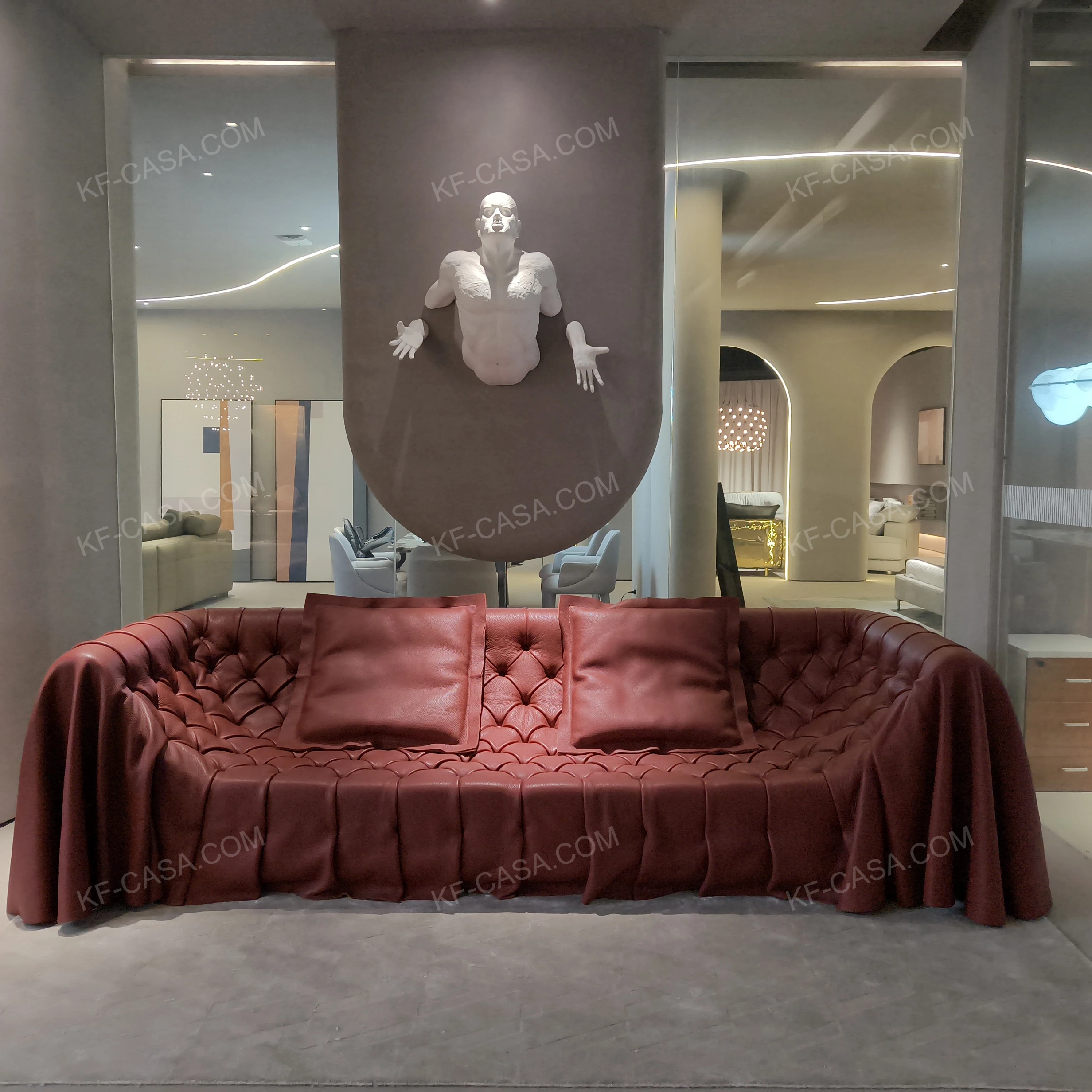 Artistic Deep Burgundy Full-Grain Leather Sofa with Hand-Tufted Draped Silhouette